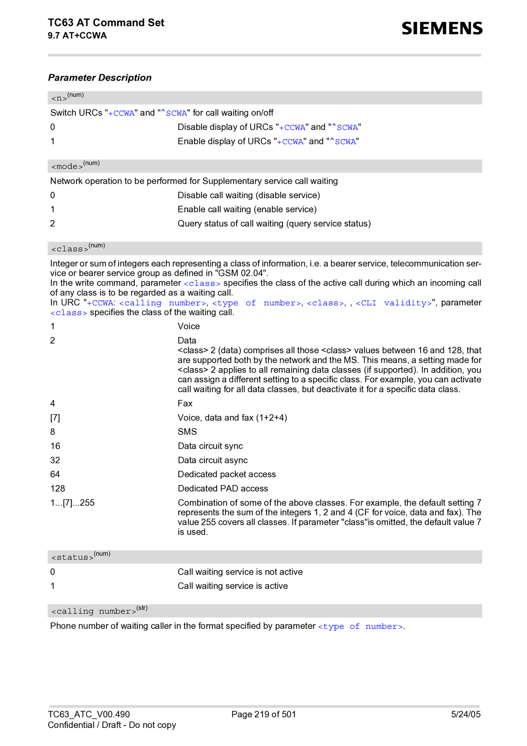 Siemens TC63 manual Modenum, Calling numberstr 