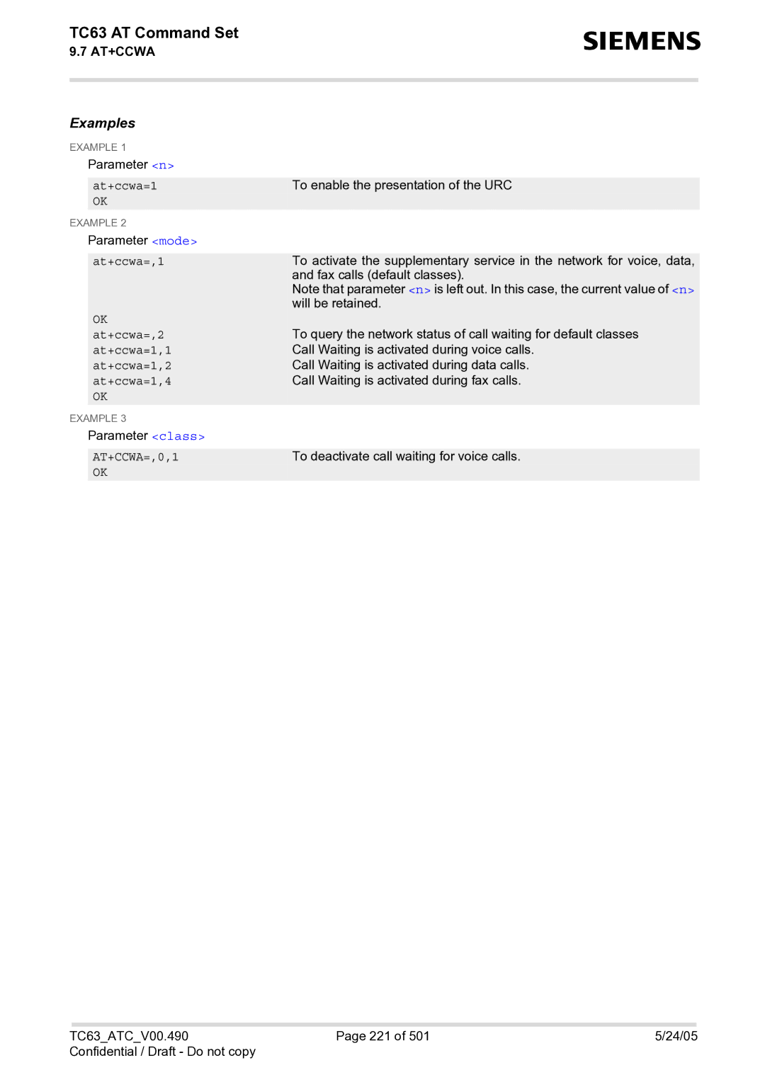 Siemens TC63 manual At+ccwa=,1, At+ccwa=,2, At+ccwa=1,1, At+ccwa=1,2, At+ccwa=1,4, AT+CCWA=,0,1 