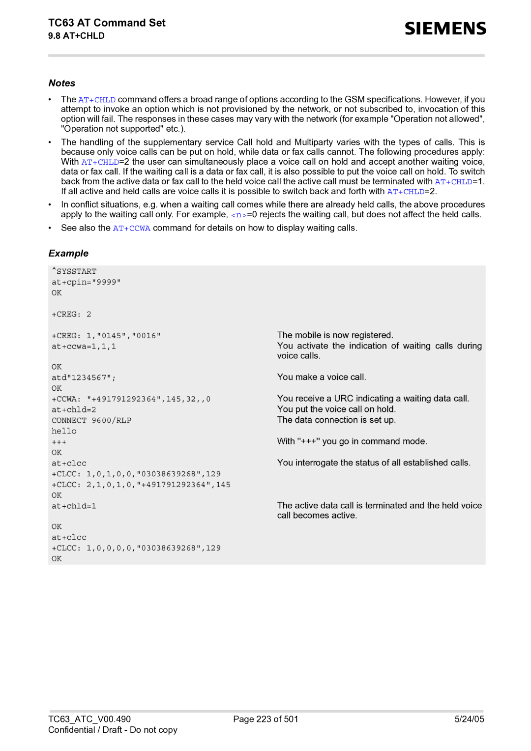 Siemens TC63 manual At+ccwa=1,1,1, +CCWA +491791292364,145,32,,0, At+chld=2, Hello, At+clcc, At+chld=1 