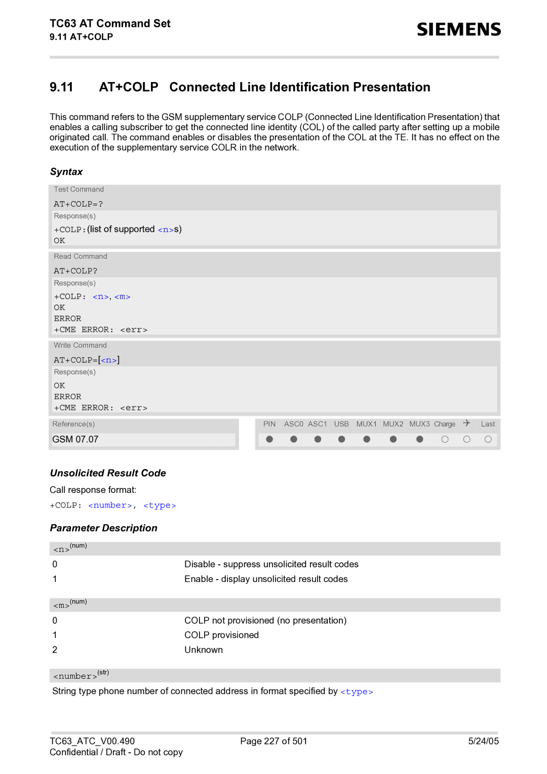 Siemens TC63 manual 11 AT+COLP Connected Line Identification Presentation, At+Colp=?, At+Colp?, +COLP number, type 