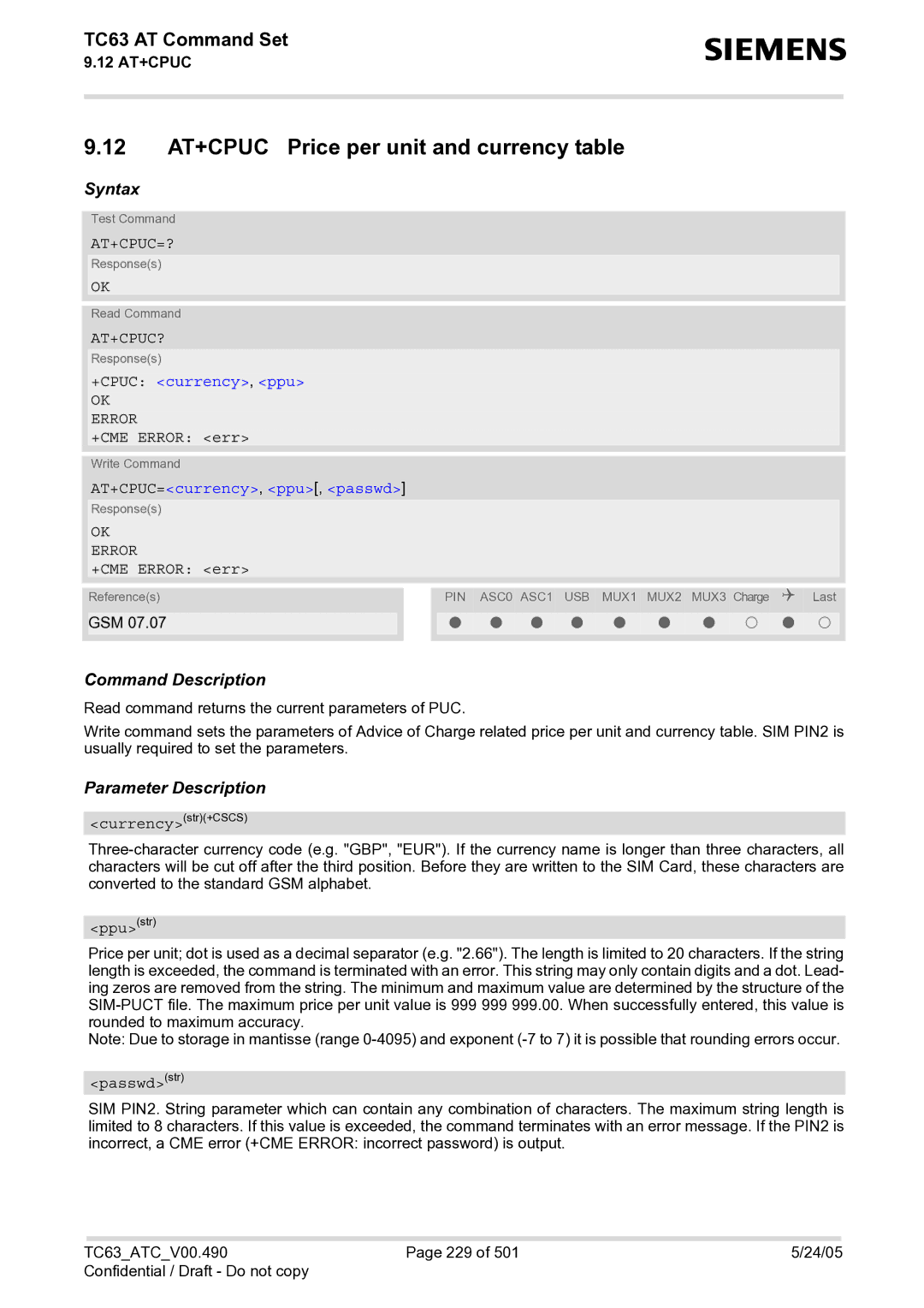 Siemens TC63 manual 12 AT+CPUC Price per unit and currency table, At+Cpuc=?, At+Cpuc?, +CPUC currency, ppu 