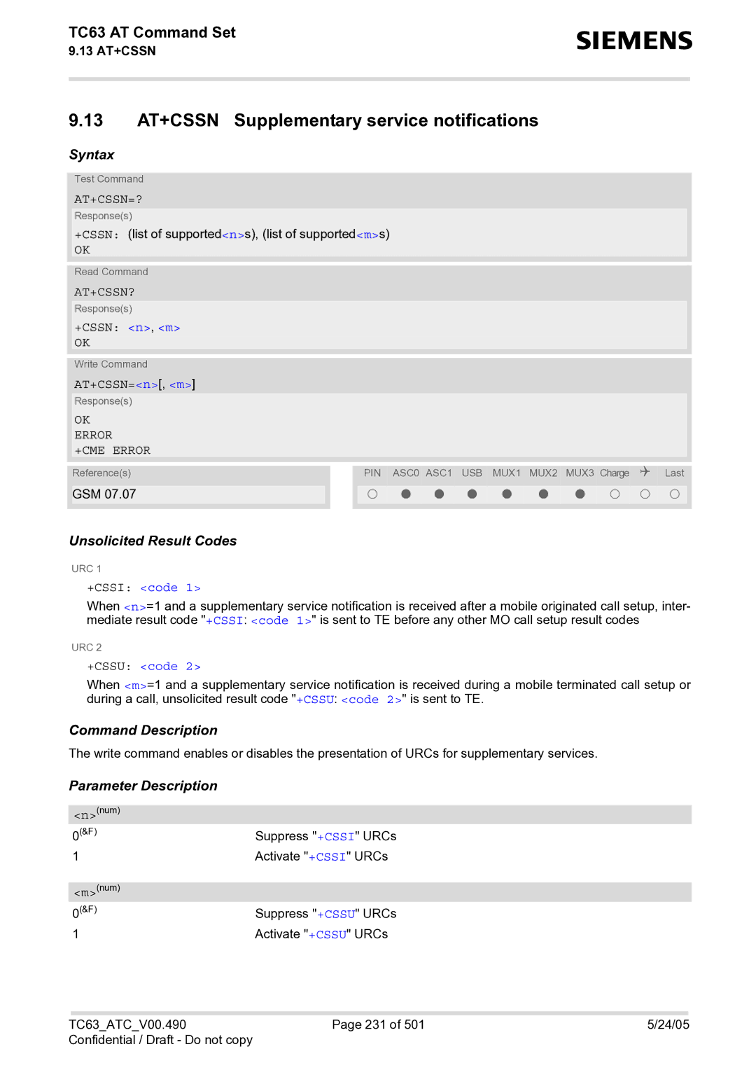 Siemens TC63 manual 13 AT+CSSN Supplementary service notifications, At+Cssn=?, At+Cssn?, +CSSI code, +CSSU code 