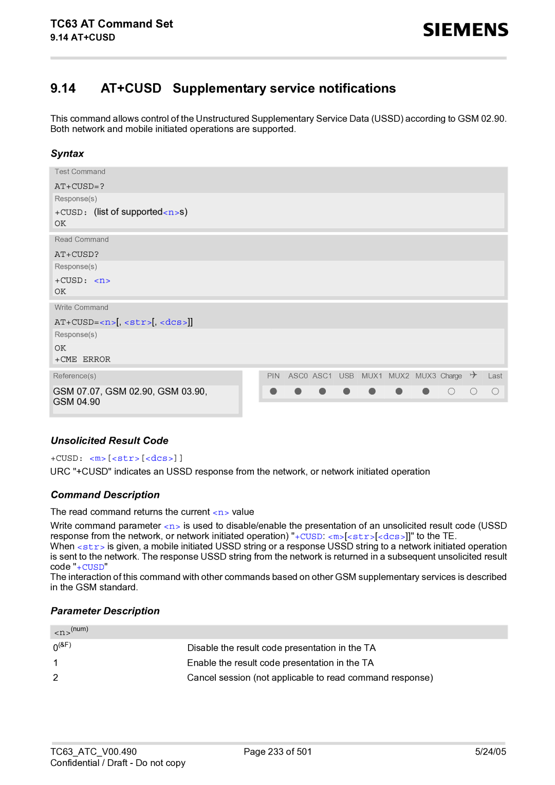 Siemens TC63 manual 14 AT+CUSD Supplementary service notifications, At+Cusd=?, At+Cusd?, AT+CUSD=n, str, dcs, +CUSD mstrdcs 