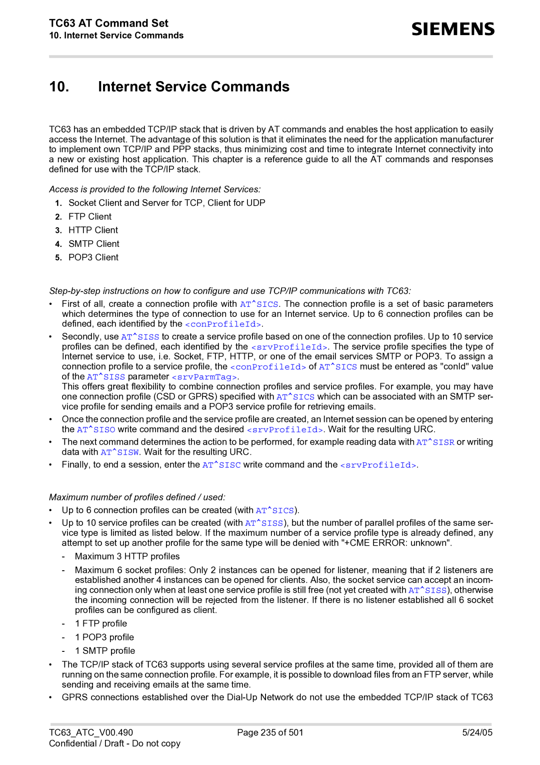 Siemens TC63 manual Internet Service Commands, Access is provided to the following Internet Services 