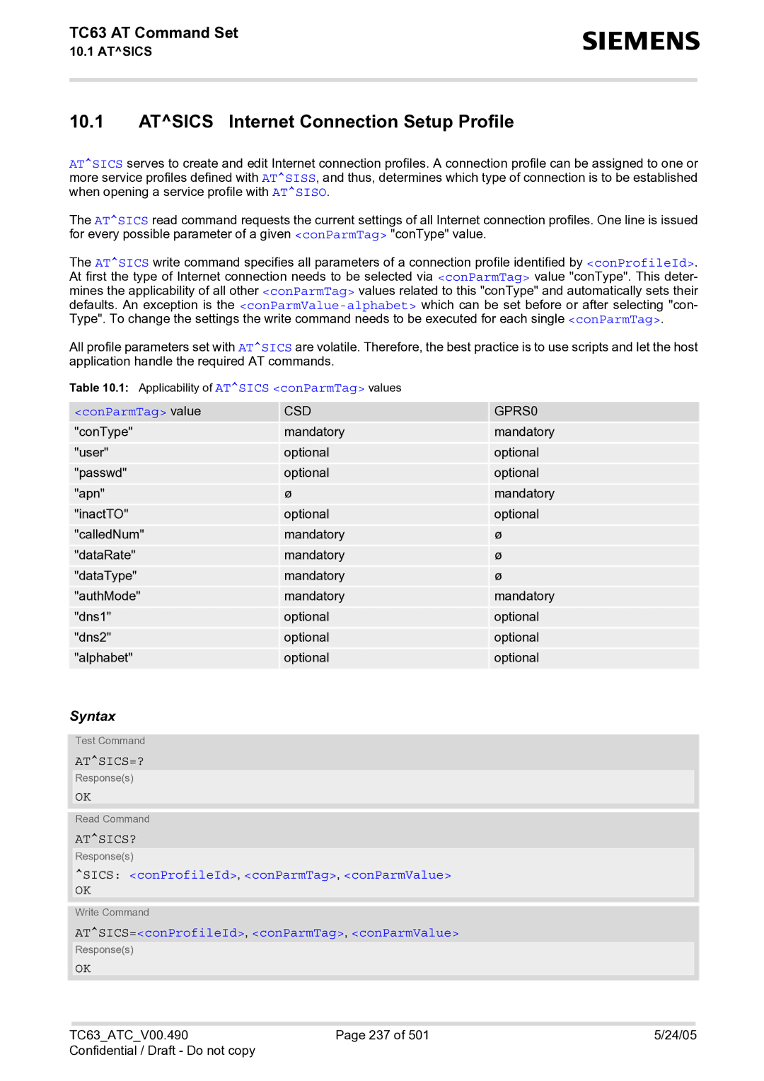 Siemens TC63 manual Atsics Internet Connection Setup Profile, Atsics=?, Atsics? 