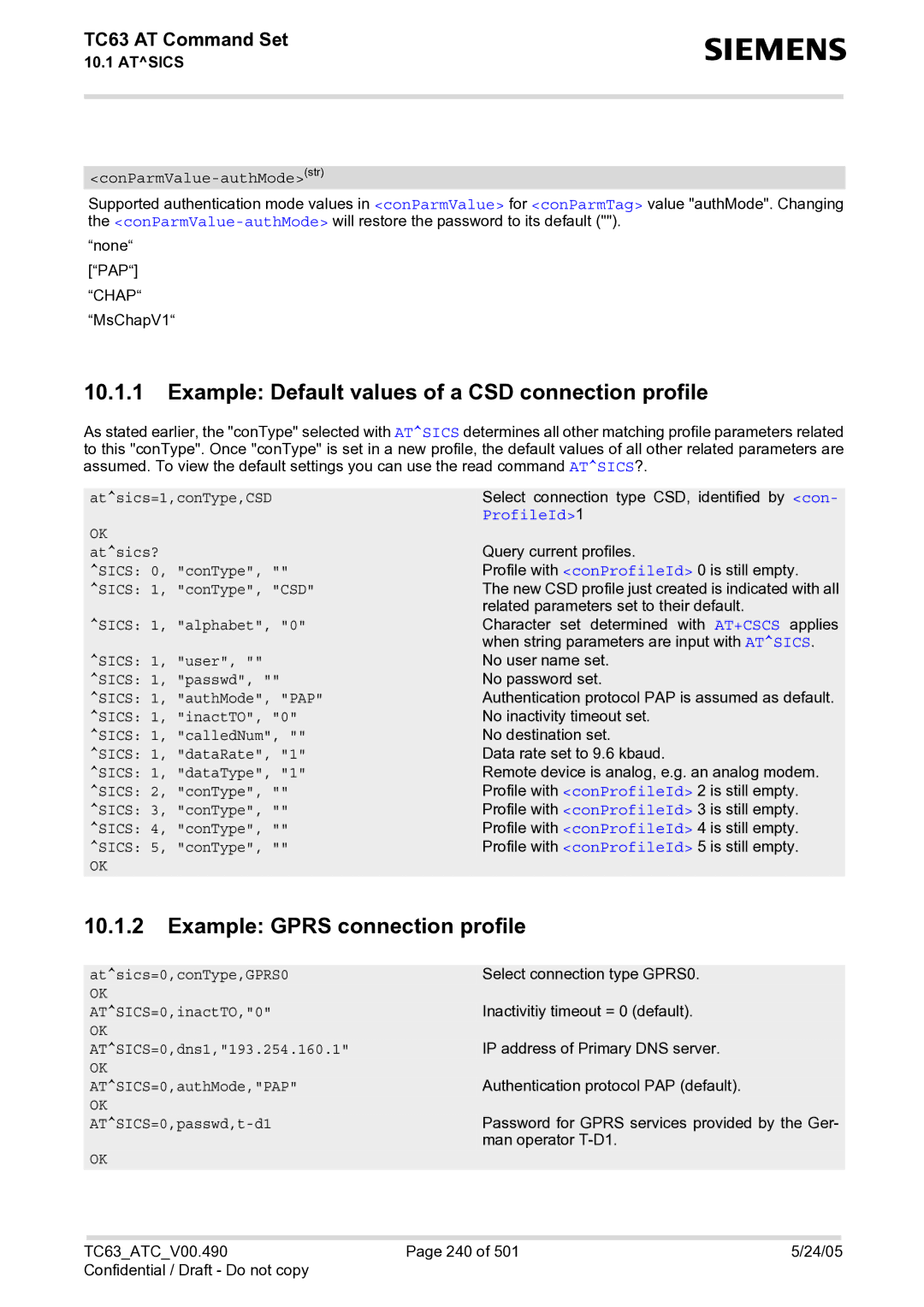 Siemens TC63 manual Example Default values of a CSD connection profile, Example Gprs connection profile, ProfileId1 