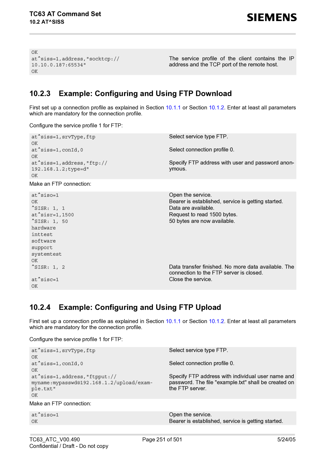 Siemens TC63 manual Example Configuring and Using FTP Download, Example Configuring and Using FTP Upload 