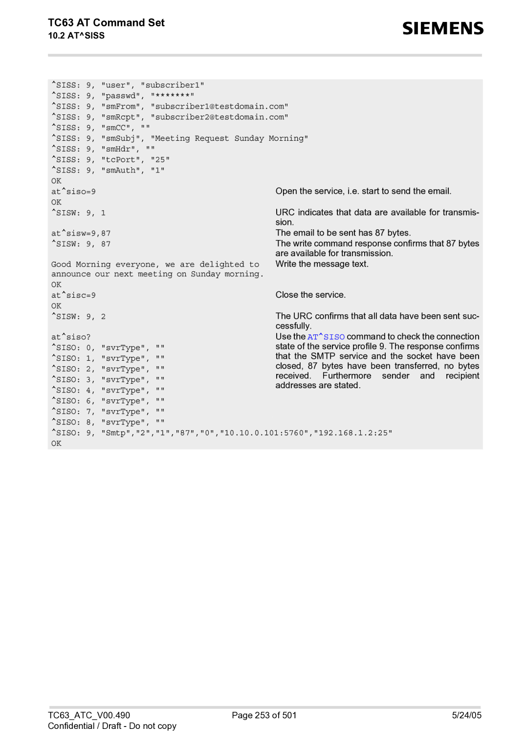 Siemens TC63 manual User, subscriber1, Passwd, SmFrom, subscriber1@testdomain.com, SmRcpt, subscriber2@testdomain.com, SmCC 