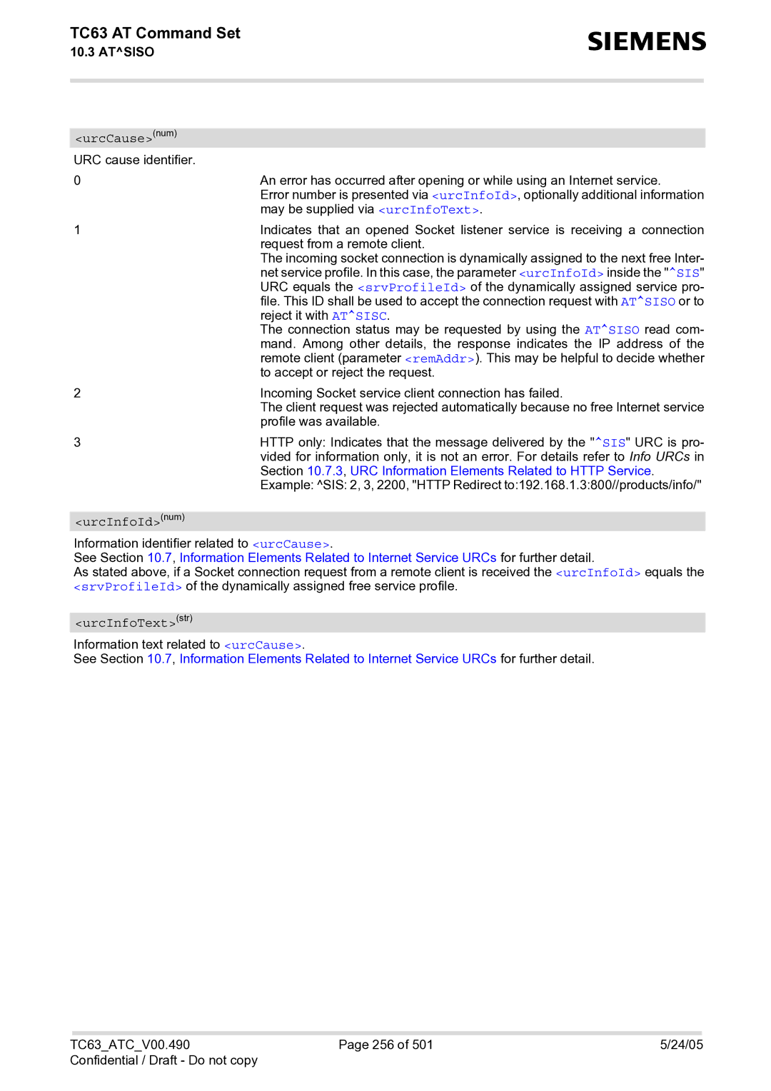 Siemens TC63 manual UrcCausenum, UrcInfoIdnum, UrcInfoTextstr 