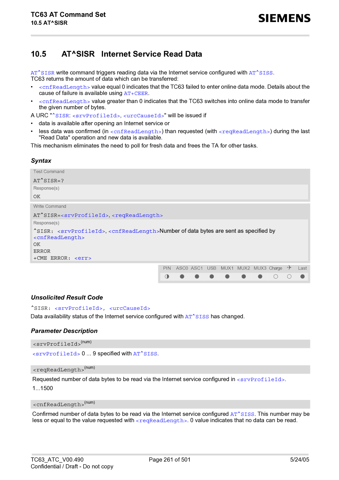 Siemens TC63 manual Atsisr Internet Service Read Data, URC Sisr srvProfileId, urcCauseId will be issued if, Atsisr=? 