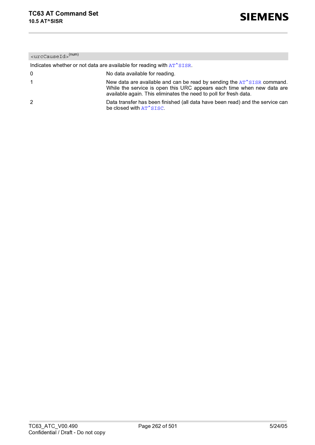 Siemens TC63 manual UrcCauseIdnum 