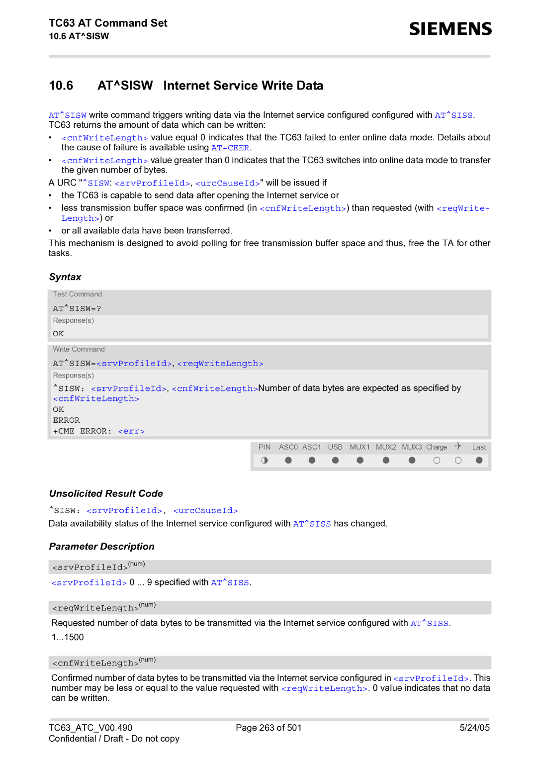 Siemens TC63 manual Atsisw Internet Service Write Data, URC Sisw srvProfileId, urcCauseId will be issued if, Atsisw=? 