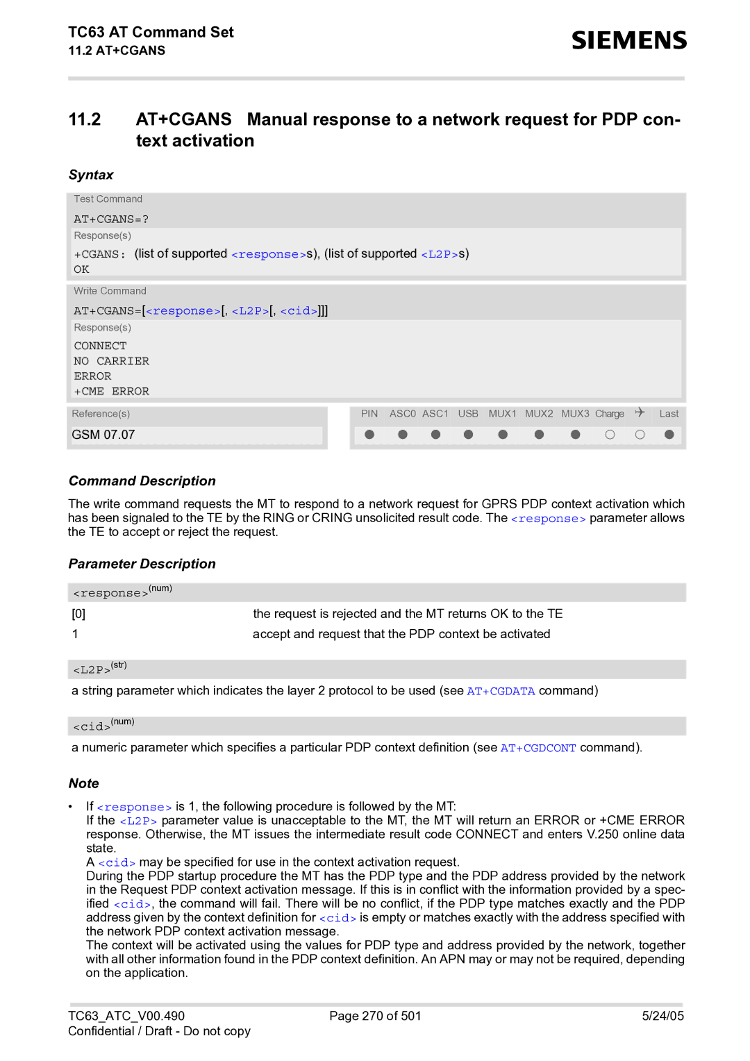 Siemens TC63 manual At+Cgans=?, AT+CGANS=response, L2P, cid, Connect No Carrier Error +CME Error, Responsenum, L2Pstr 