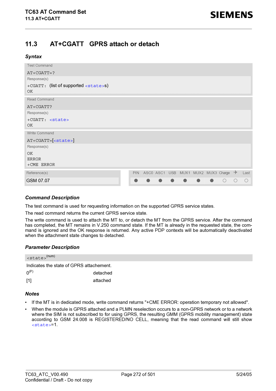 Siemens TC63 manual 11.3 AT+CGATT Gprs attach or detach, At+Cgatt=?, At+Cgatt?, State=1 