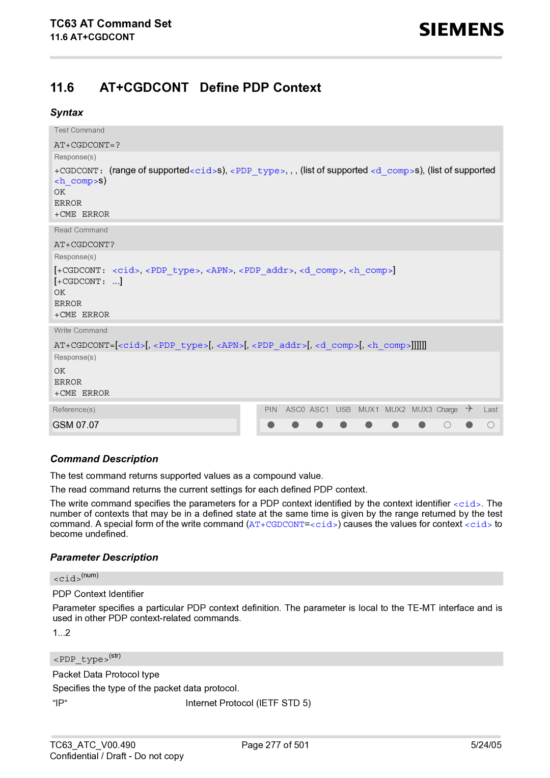 Siemens TC63 manual 11.6 AT+CGDCONT Define PDP Context, At+Cgdcont=?, At+Cgdcont? 