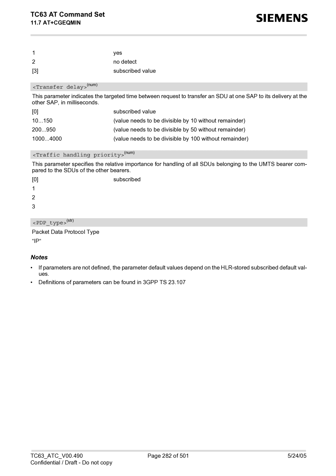 Siemens TC63 manual Transfer delaynum, Traffic handling prioritynum 