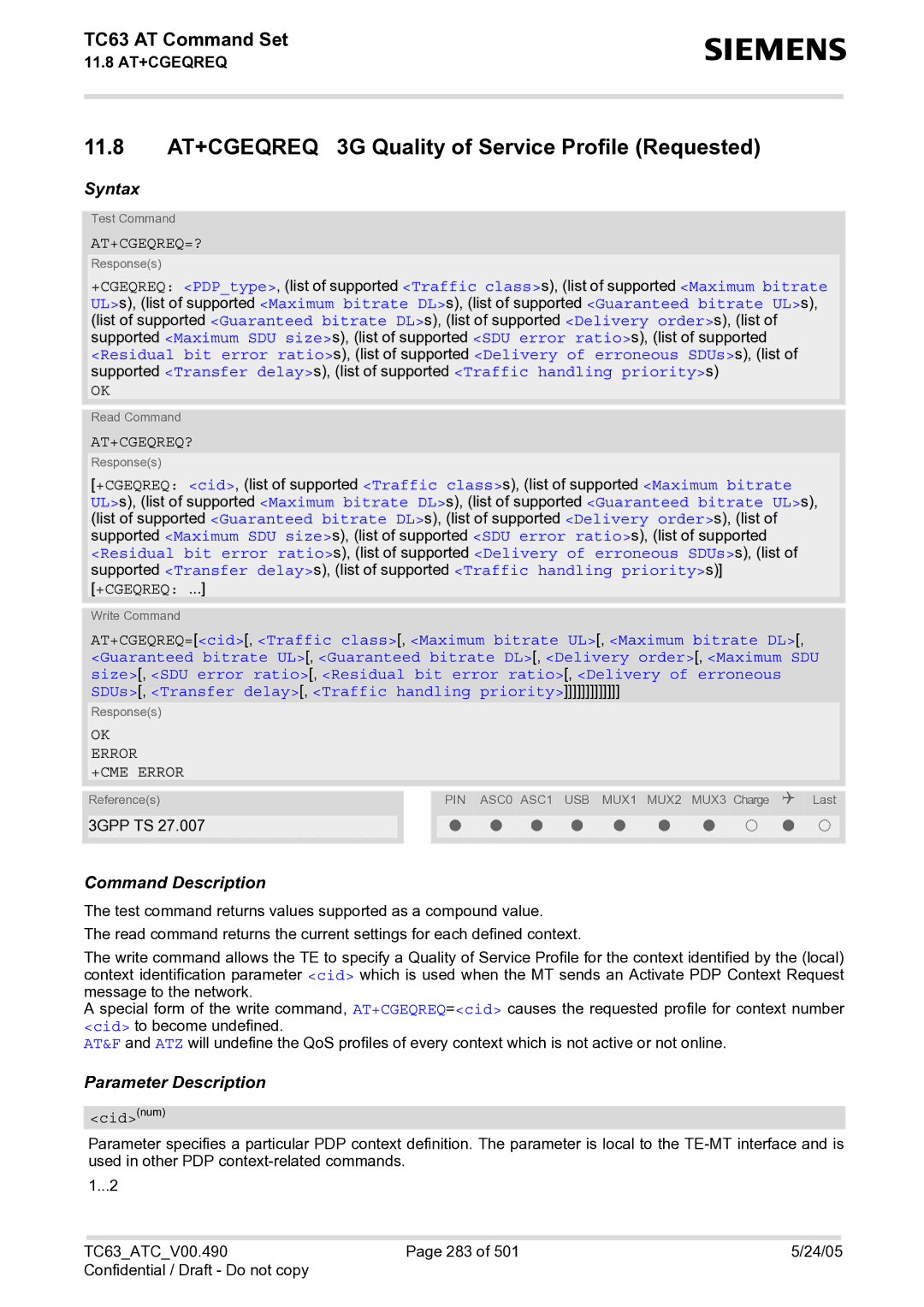 Siemens TC63 manual 11.8 AT+CGEQREQ 3G Quality of Service Profile Requested, At+Cgeqreq=?, At+Cgeqreq? 