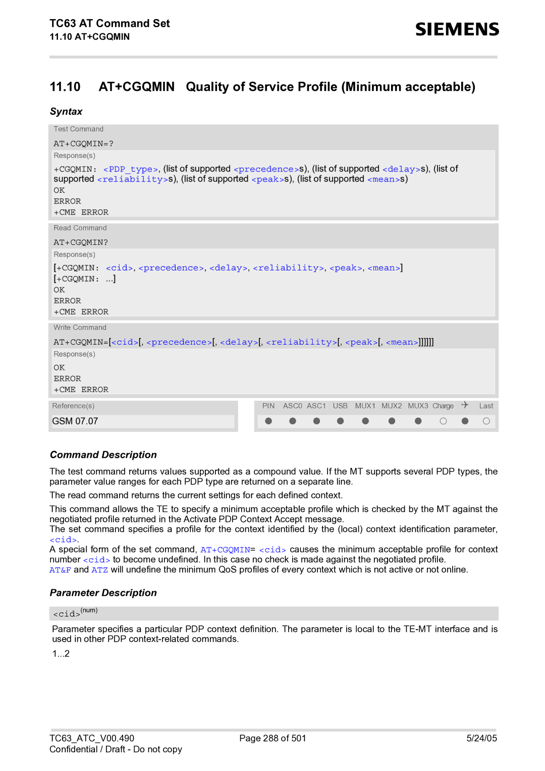 Siemens TC63 manual At+Cgqmin=?, At+Cgqmin?, +CGQMIN cid, precedence, delay, reliability, peak, mean, Cid 