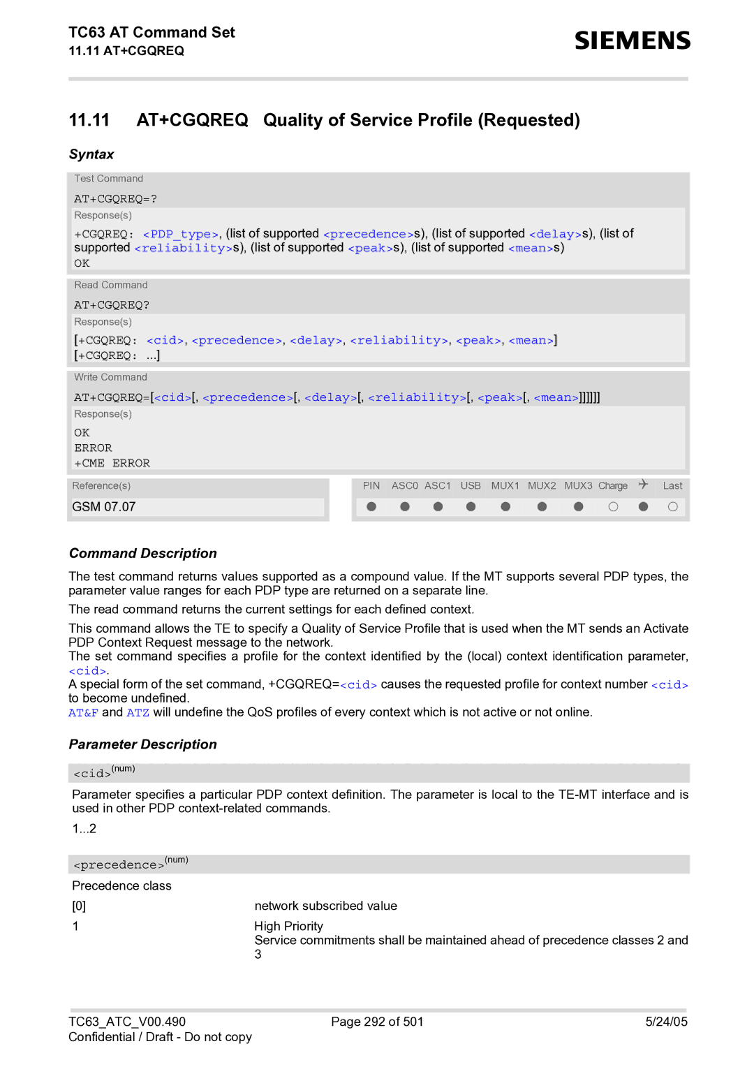 Siemens TC63 manual 11.11 AT+CGQREQ Quality of Service Profile Requested, At+Cgqreq=?, At+Cgqreq? 