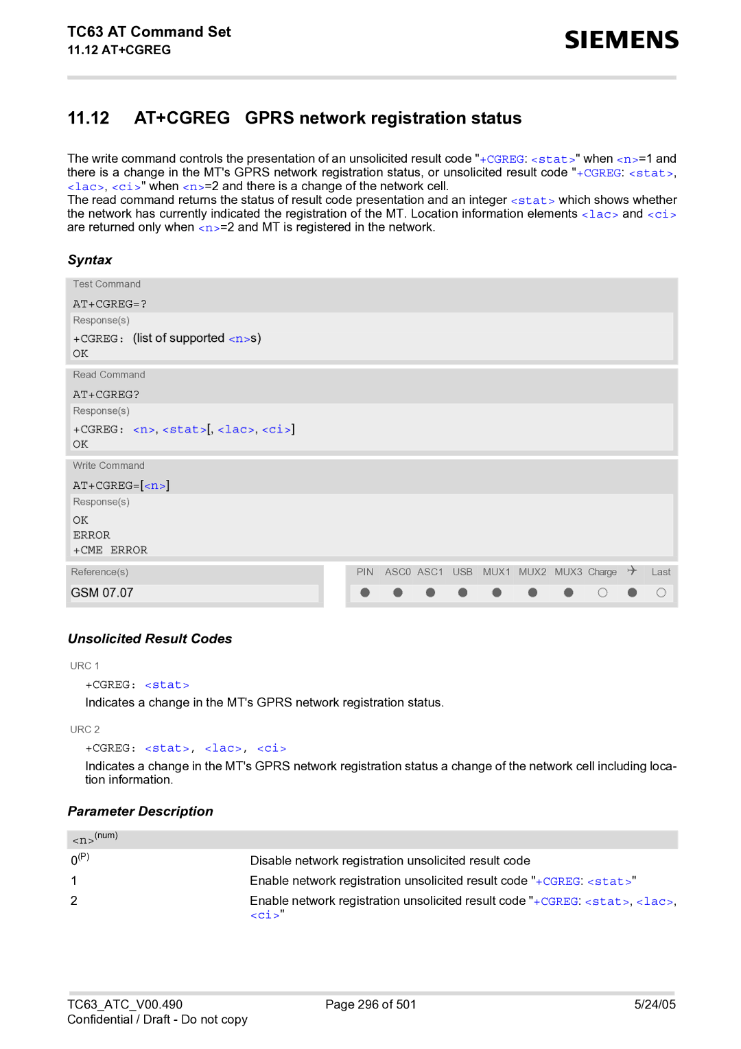 Siemens TC63 manual 11.12 AT+CGREG Gprs network registration status, At+Cgreg=?, At+Cgreg?, +CGREG n, stat, lac, ci 