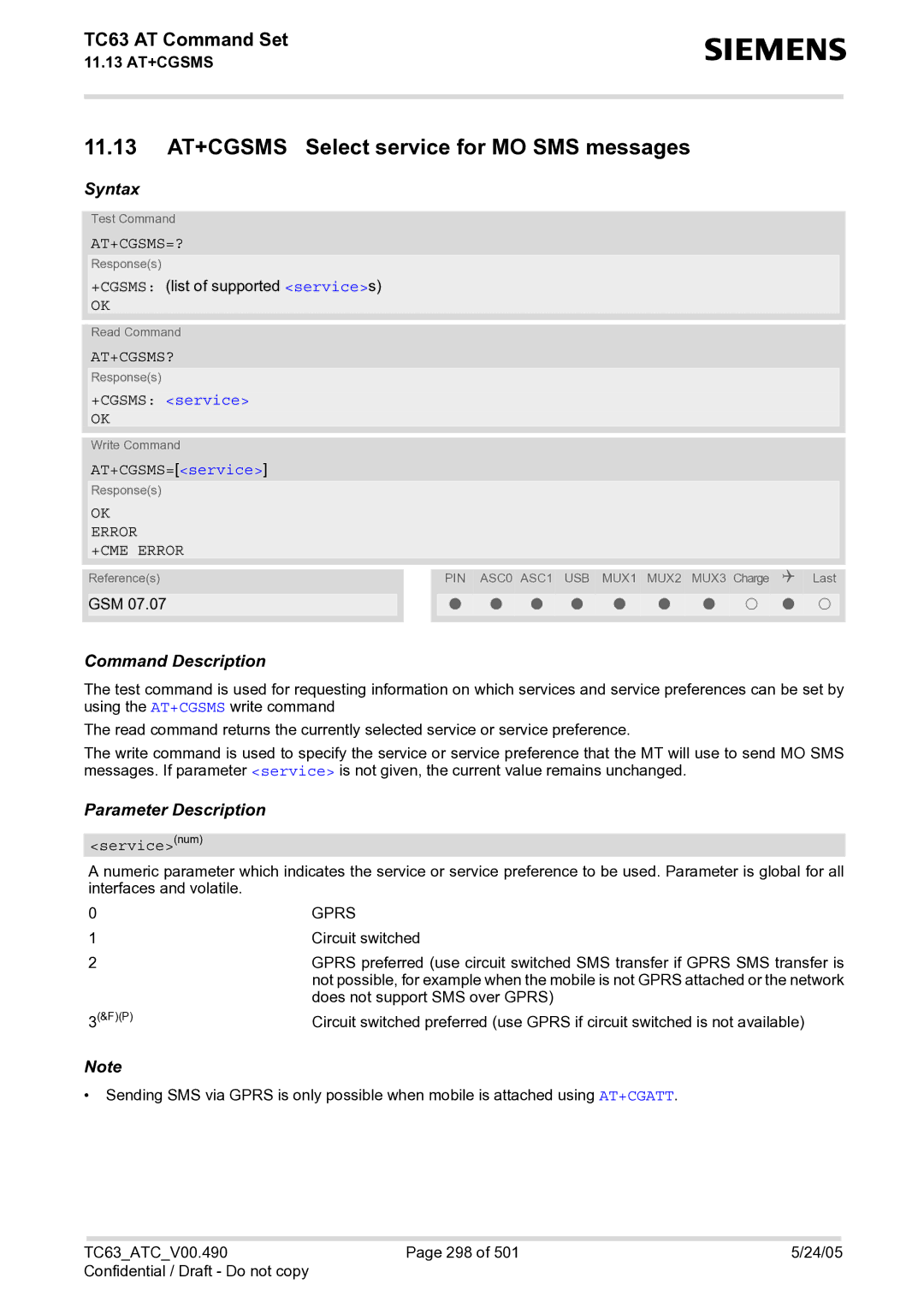 Siemens TC63 manual 11.13 AT+CGSMS Select service for MO SMS messages, At+Cgsms=?, At+Cgsms?, +CGSMS service 