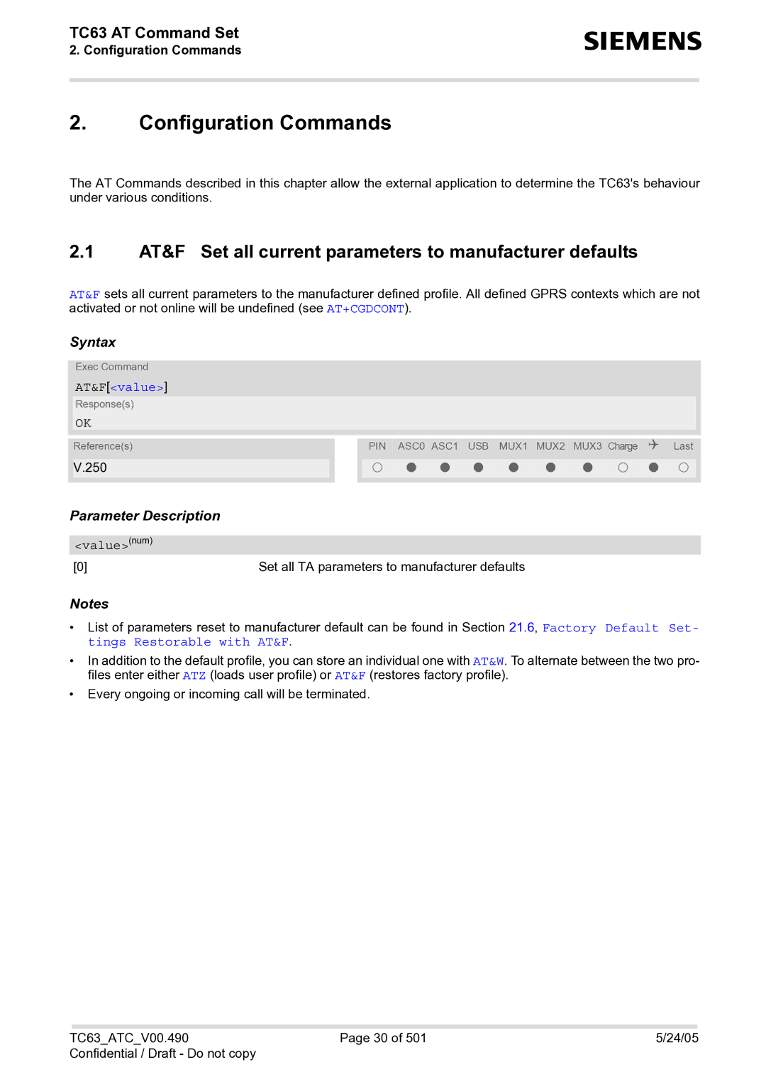 Siemens TC63 manual Configuration Commands, AT&Fvalue, Valuenum 