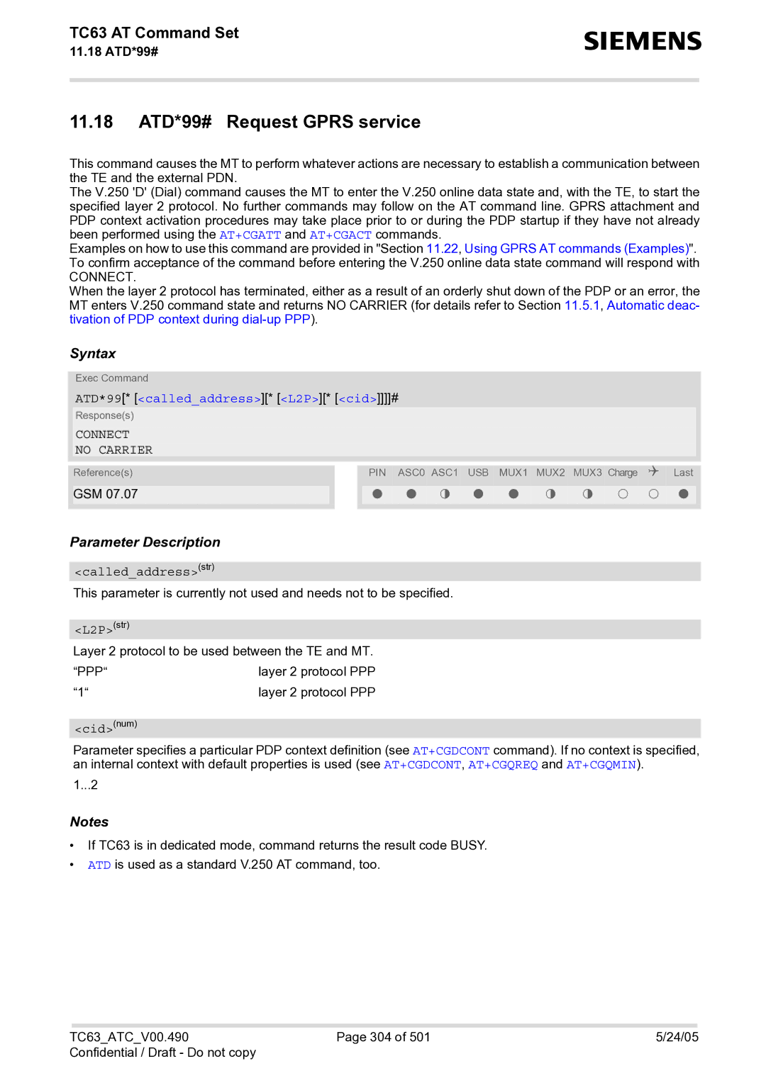 Siemens TC63 manual 11.18 ATD*99# Request Gprs service, ATD*99* calledaddress* L2P* cid#, Calledaddressstr, Ppp 