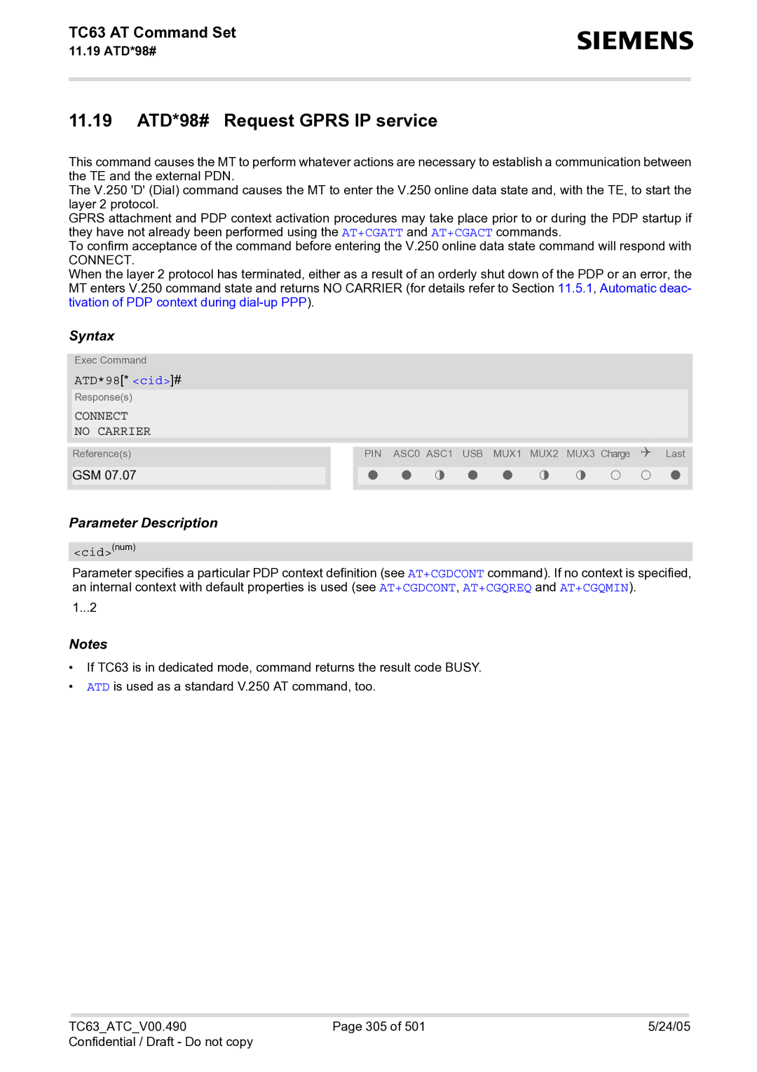 Siemens TC63 manual 11.19 ATD*98# Request Gprs IP service, ATD*98* cid# 