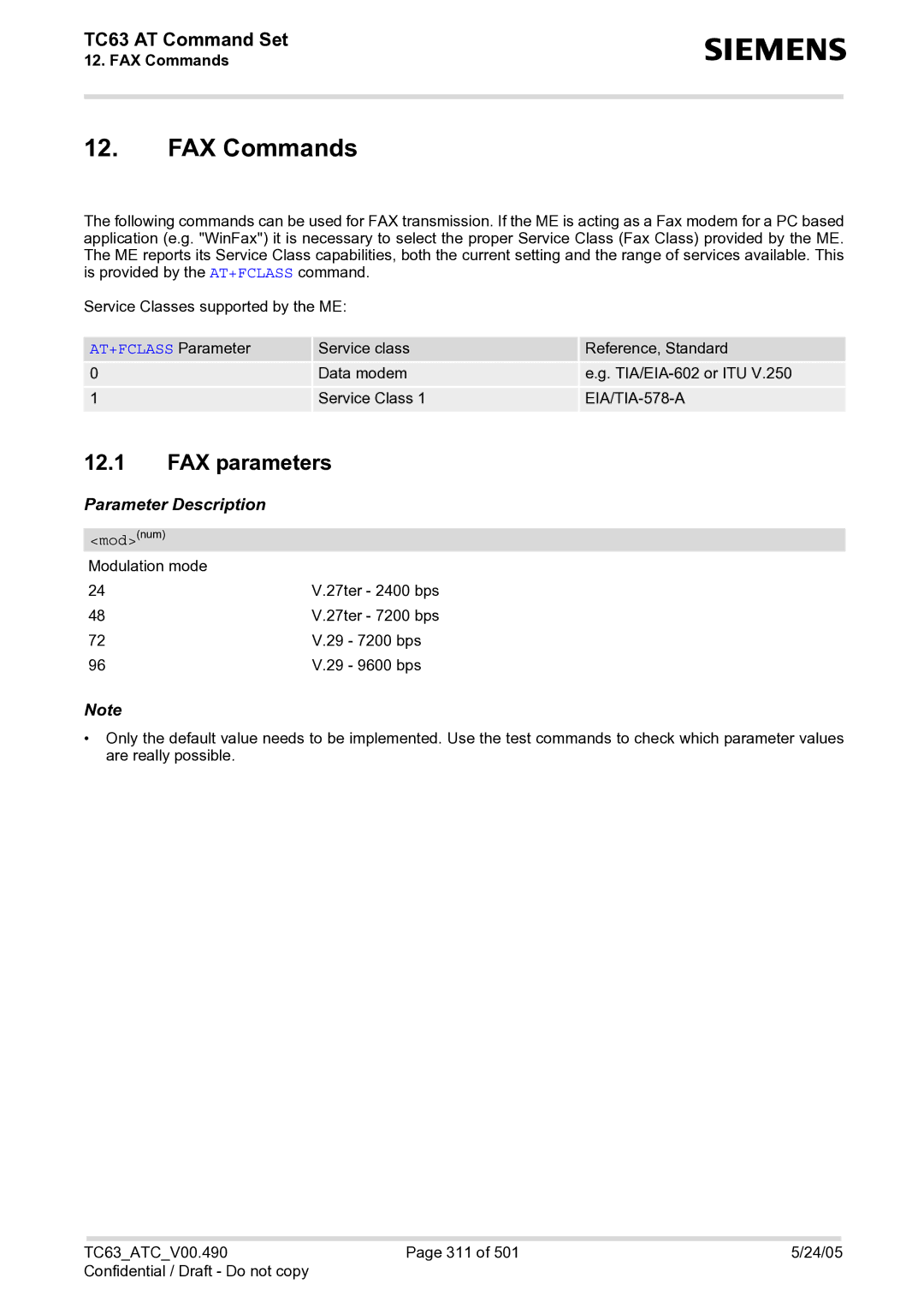 Siemens TC63 manual FAX Commands, FAX parameters, AT+FCLASS Parameter, EIA/TIA-578-A, Modnum 