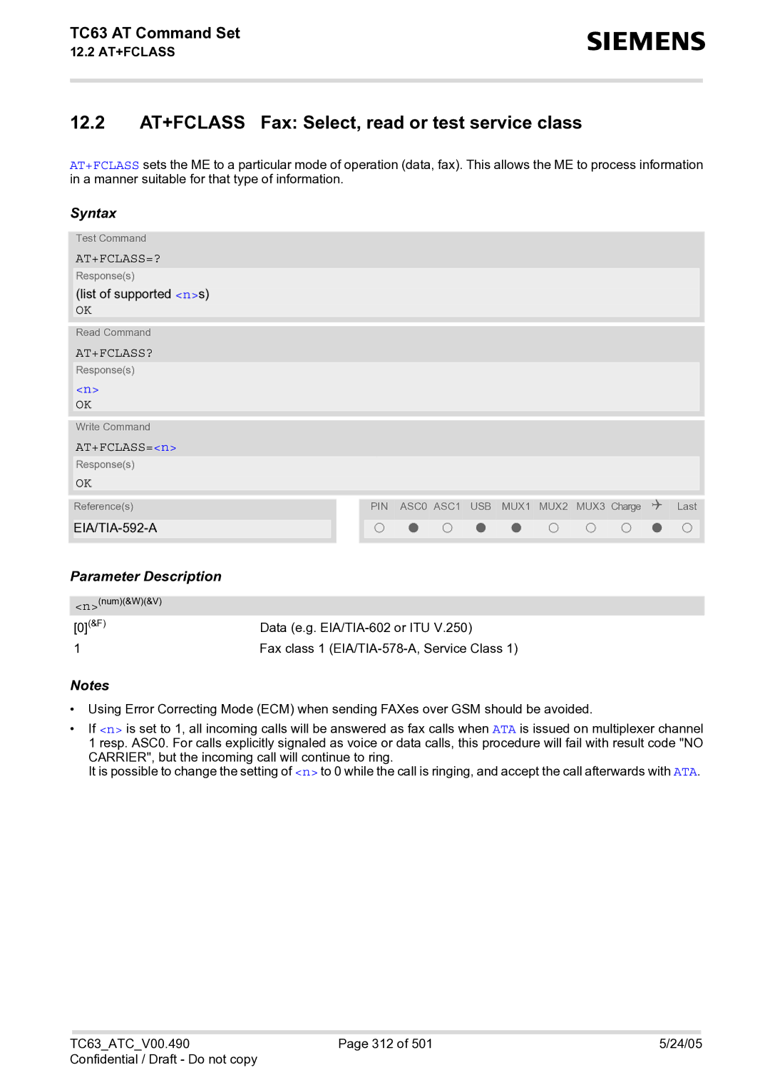 Siemens TC63 12.2 AT+FCLASS Fax Select, read or test service class, At+Fclass=?, At+Fclass?, AT+FCLASS=n, EIA/TIA-592-A 