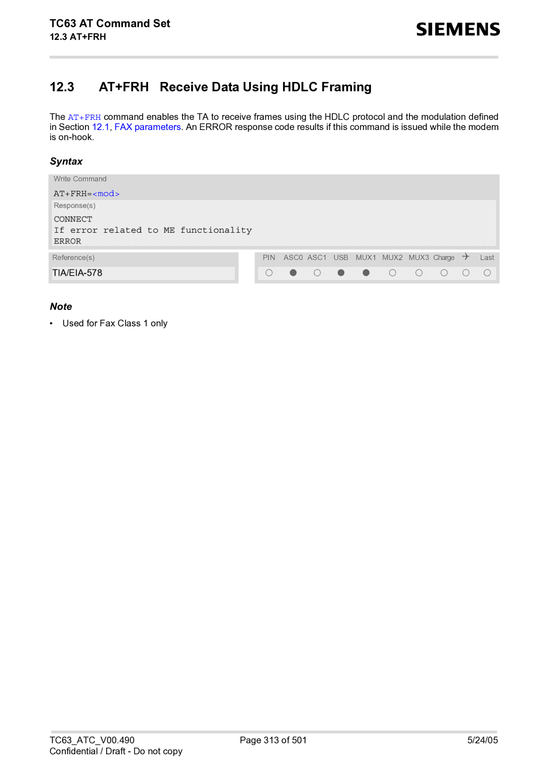 Siemens TC63 12.3 AT+FRH Receive Data Using Hdlc Framing, AT+FRH=mod, If error related to ME functionality, TIA/EIA-578 