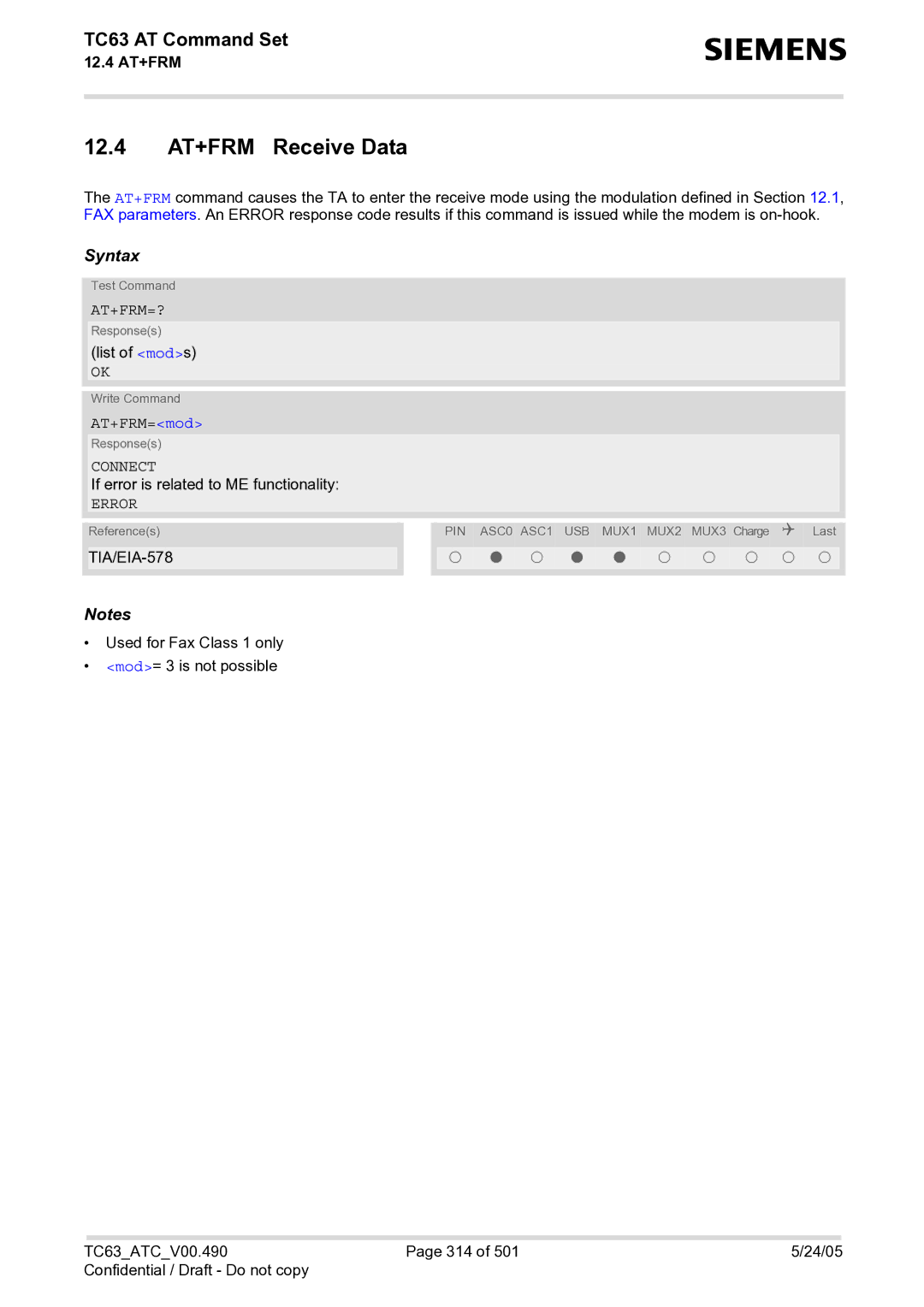 Siemens TC63 manual 12.4 AT+FRM Receive Data, At+Frm=?, AT+FRM=mod 