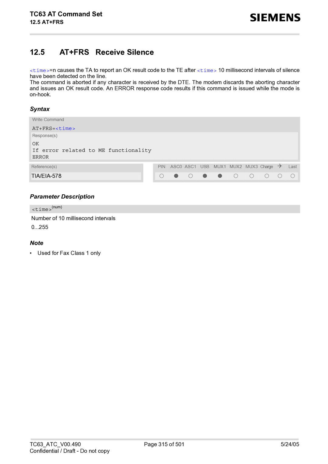 Siemens TC63 manual 12.5 AT+FRS Receive Silence, AT+FRS=time 