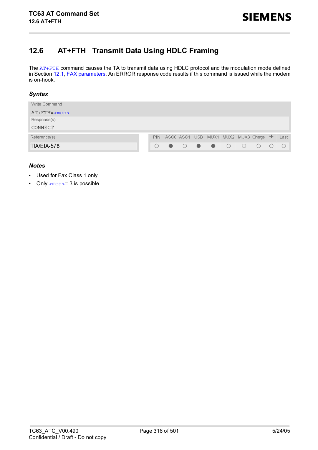 Siemens TC63 manual 12.6 AT+FTH Transmit Data Using Hdlc Framing, AT+FTH=mod 