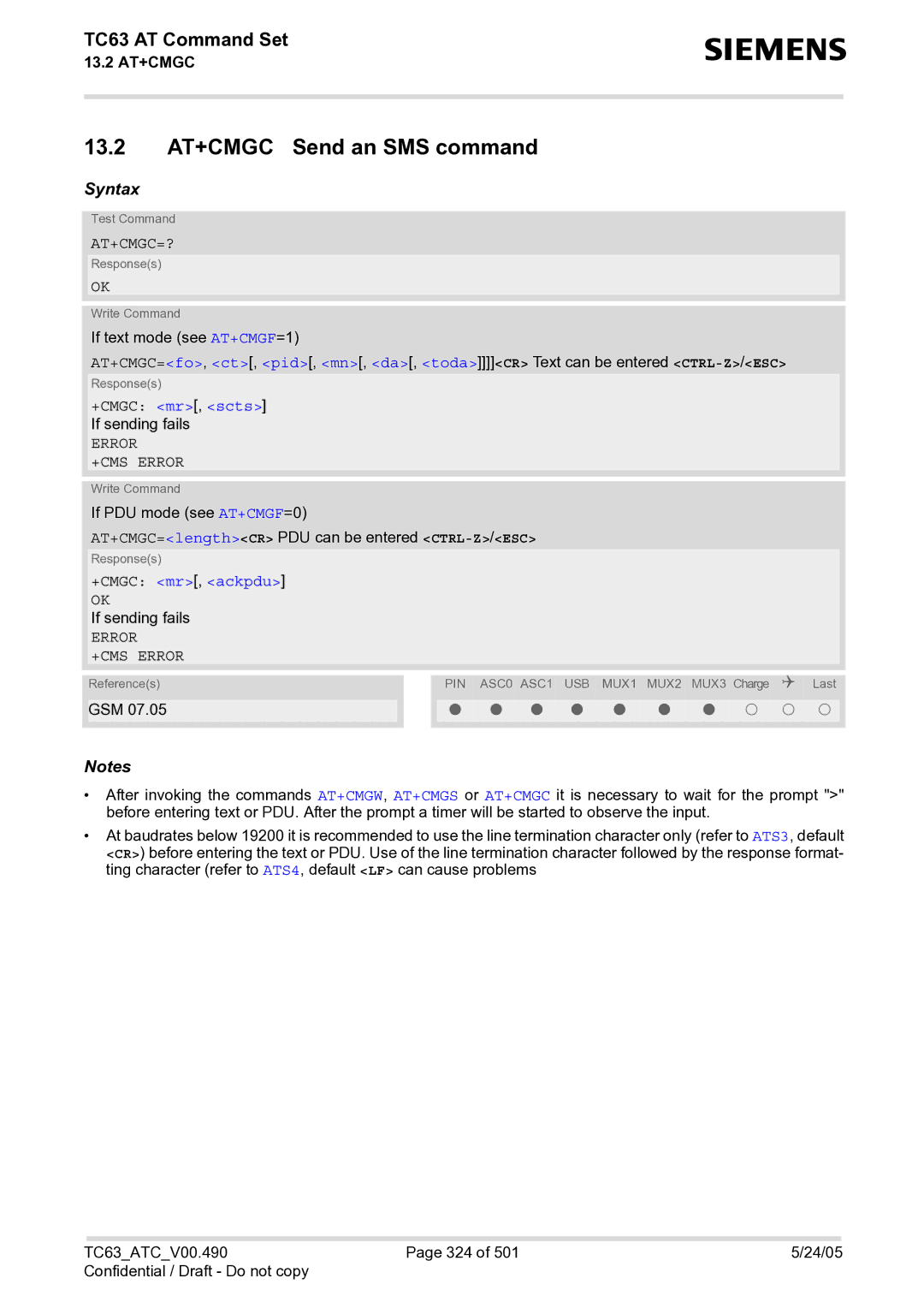 Siemens TC63 manual 13.2 AT+CMGC Send an SMS command, At+Cmgc=?, +CMGC mr, scts, Error +CMS Error, +CMGC mr, ackpdu 