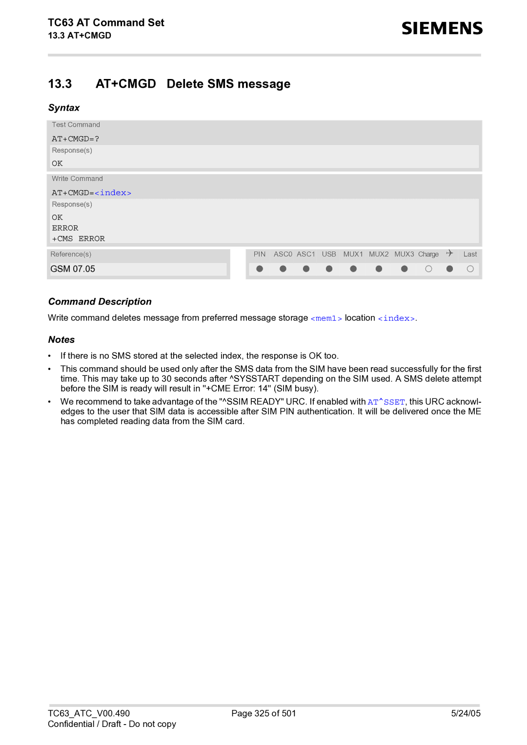 Siemens TC63 manual 13.3 AT+CMGD Delete SMS message, At+Cmgd=?, AT+CMGD=index, OK Error +CMS Error 