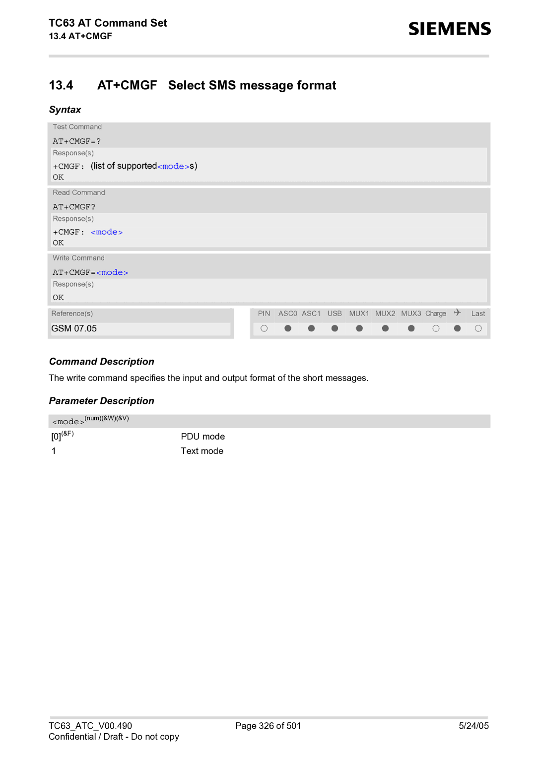 Siemens TC63 manual 13.4 AT+CMGF Select SMS message format, At+Cmgf=?, At+Cmgf?, +CMGF mode, AT+CMGF=mode 