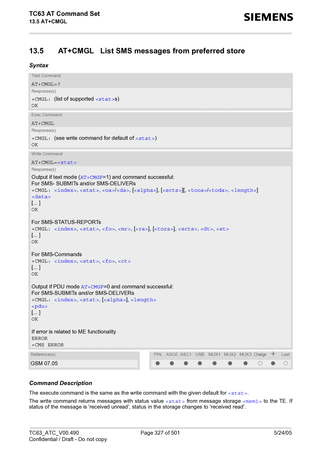 Siemens TC63 manual 13.5 AT+CMGL List SMS messages from preferred store, At+Cmgl=? 