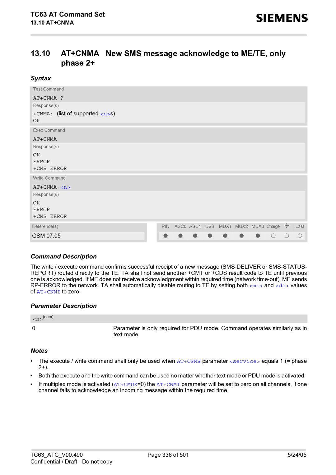 Siemens TC63 manual At+Cnma=?, AT+CNMA=n 