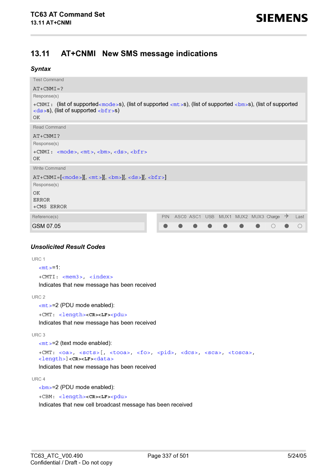 Siemens TC63 manual 13.11 AT+CNMI New SMS message indications, At+Cnmi=?, At+Cnmi? 