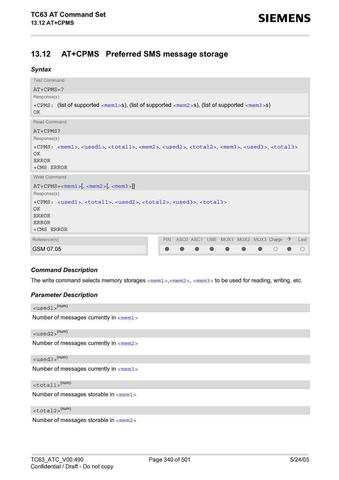 Siemens TC63 manual 13.12 AT+CPMS Preferred SMS message storage, At+Cpms=?, At+Cpms?, OK Error Error +CMS Error 