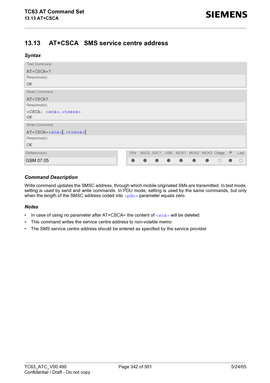 Siemens TC63 manual 13.13 AT+CSCA SMS service centre address, At+Csca=?, At+Csca?, +CSCA sca, tosca, AT+CSCA=sca, tosca 