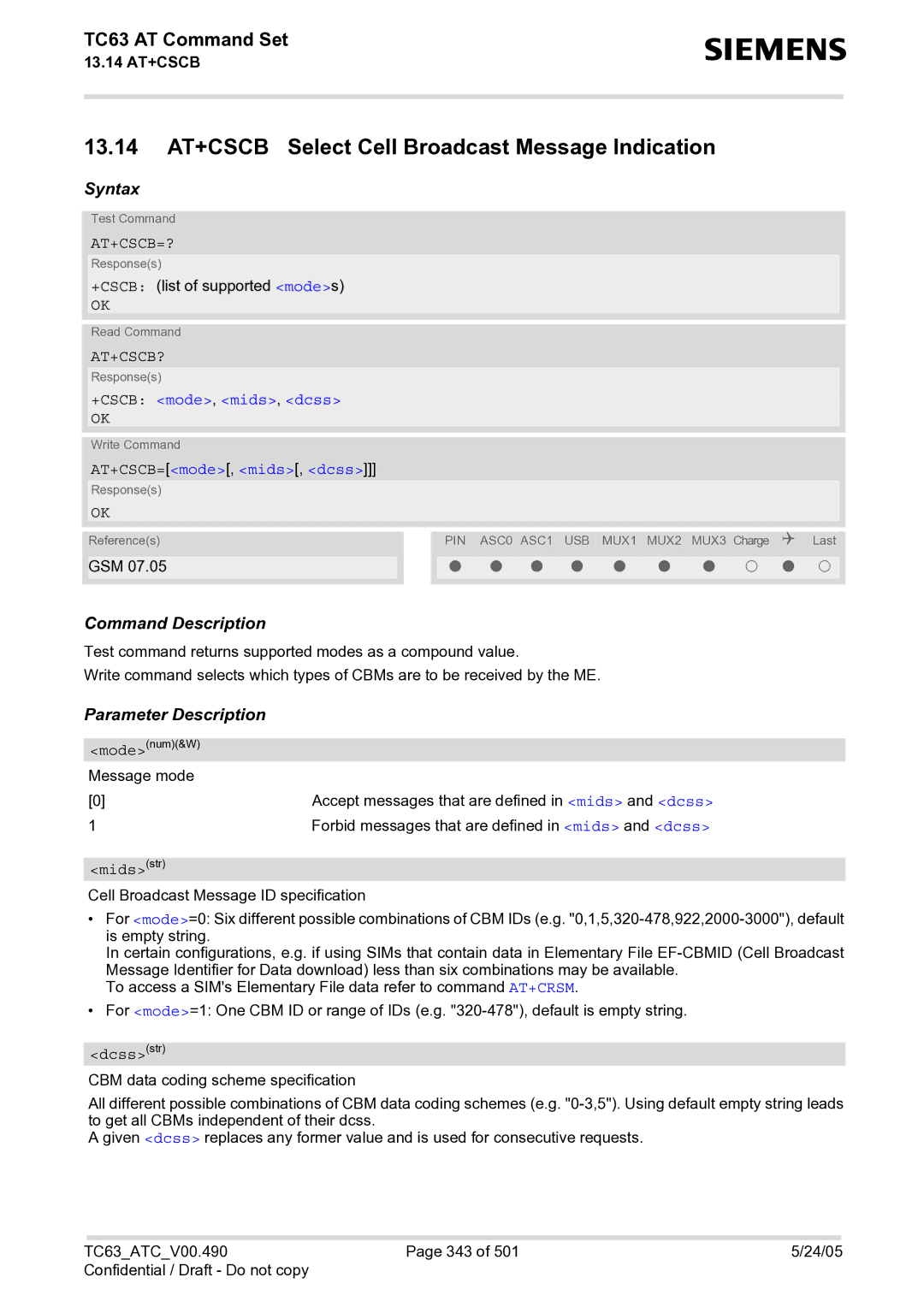 Siemens TC63 manual 13.14 AT+CSCB Select Cell Broadcast Message Indication, At+Cscb=?, At+Cscb?, +CSCB mode, mids, dcss 