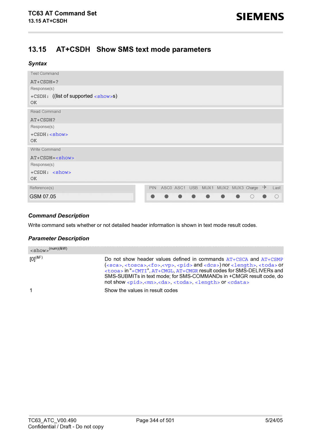 Siemens TC63 manual 13.15 AT+CSDH Show SMS text mode parameters, At+Csdh=?, At+Csdh? 