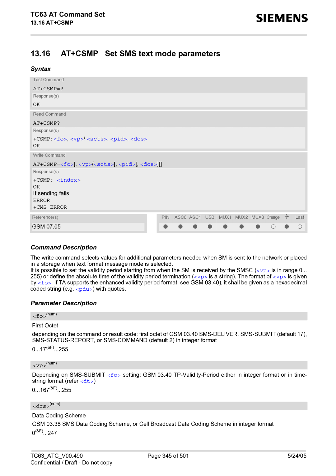 Siemens TC63 manual 13.16 AT+CSMP Set SMS text mode parameters, At+Csmp=?, At+Csmp?, +CSMPfo, vp/ scts, pid, dcs 