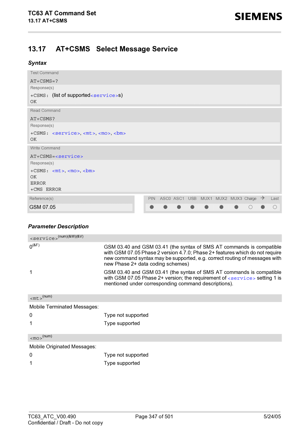 Siemens TC63 manual 13.17 AT+CSMS Select Message Service, At+Csms=?, At+Csms? 