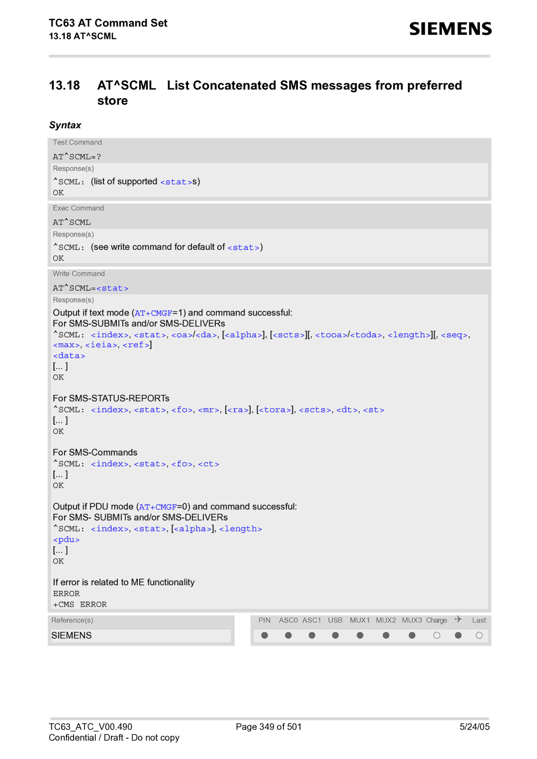 Siemens TC63 manual Atscml List Concatenated SMS messages from preferred store, Atscml=? 