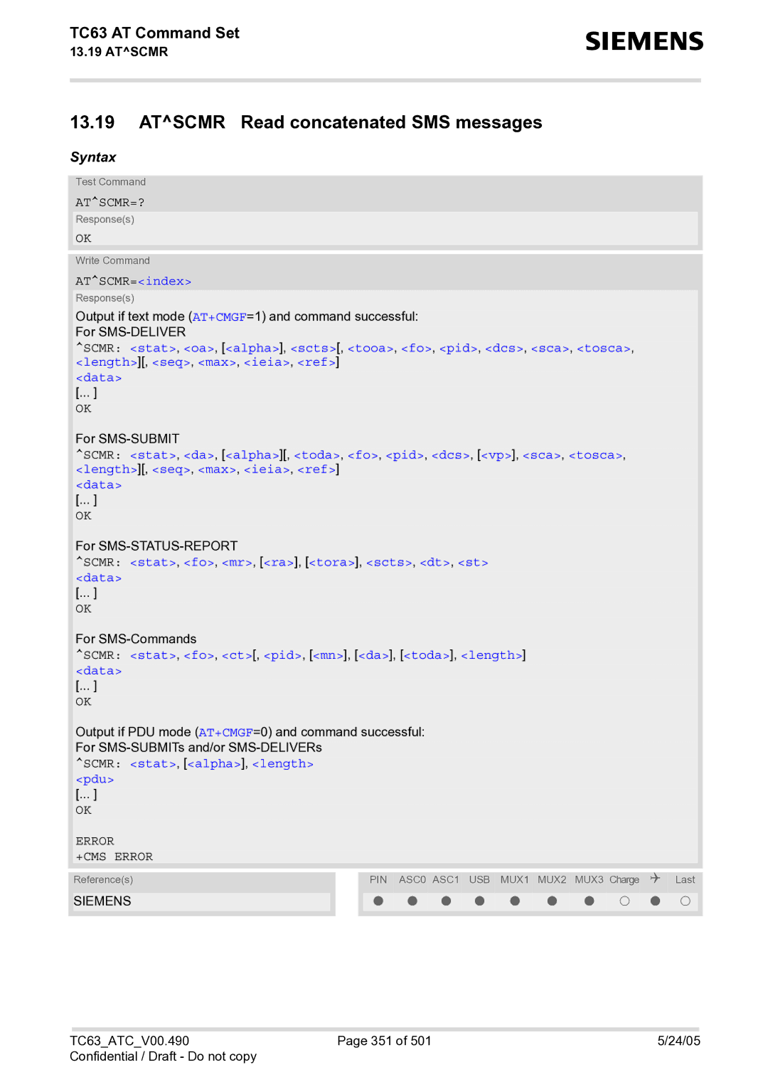 Siemens TC63 manual Atscmr Read concatenated SMS messages, Atscmr=?, Scmr stat, fo, mr, ra, tora, scts, dt, st Data 