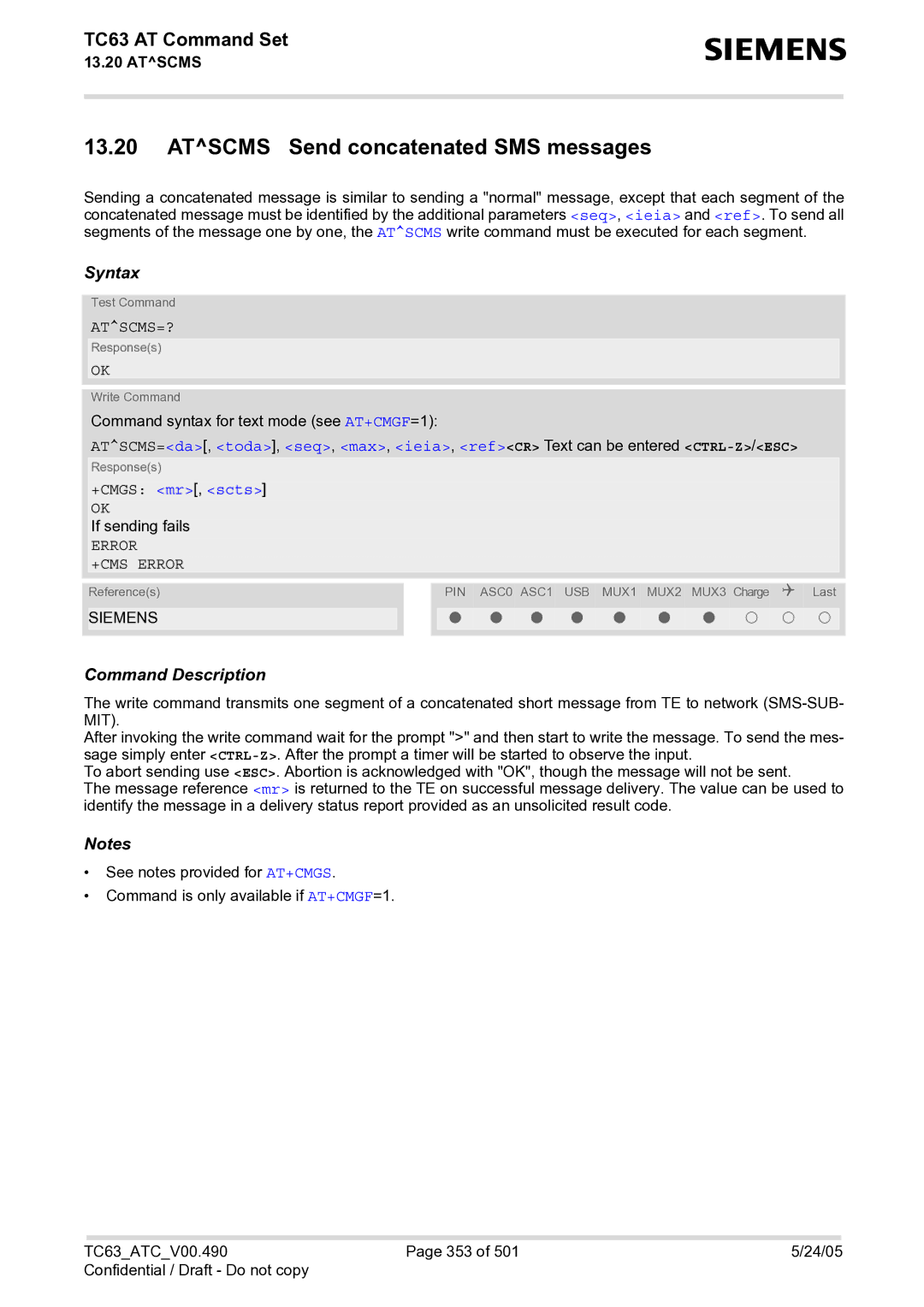 Siemens TC63 manual Atscms Send concatenated SMS messages, Atscms=? 