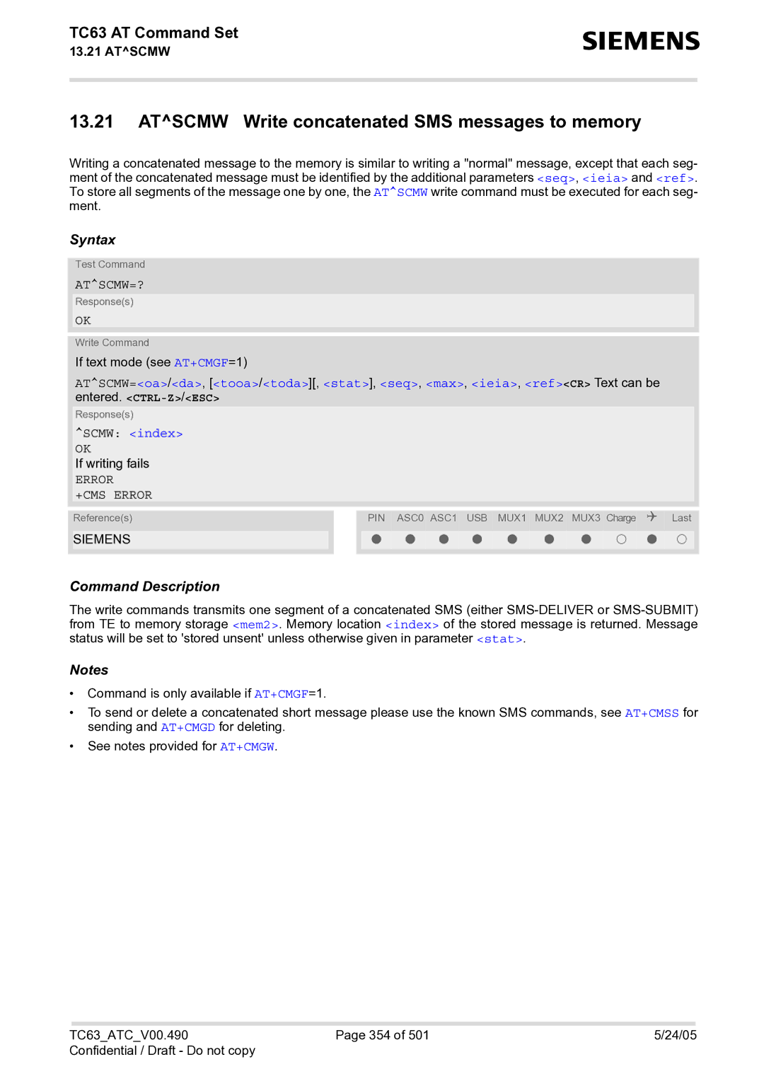 Siemens TC63 manual Atscmw Write concatenated SMS messages to memory, Atscmw=?, Scmw index 